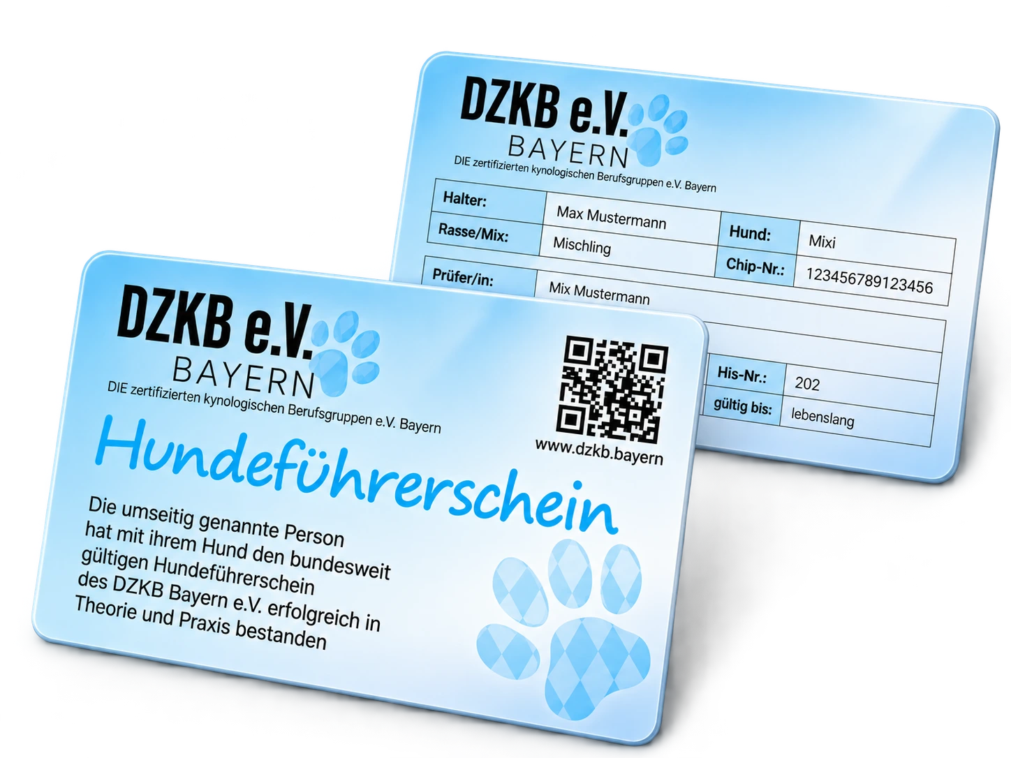 Mockup des DZKB Hundeführerscheins mit Vorder- und Rückseite